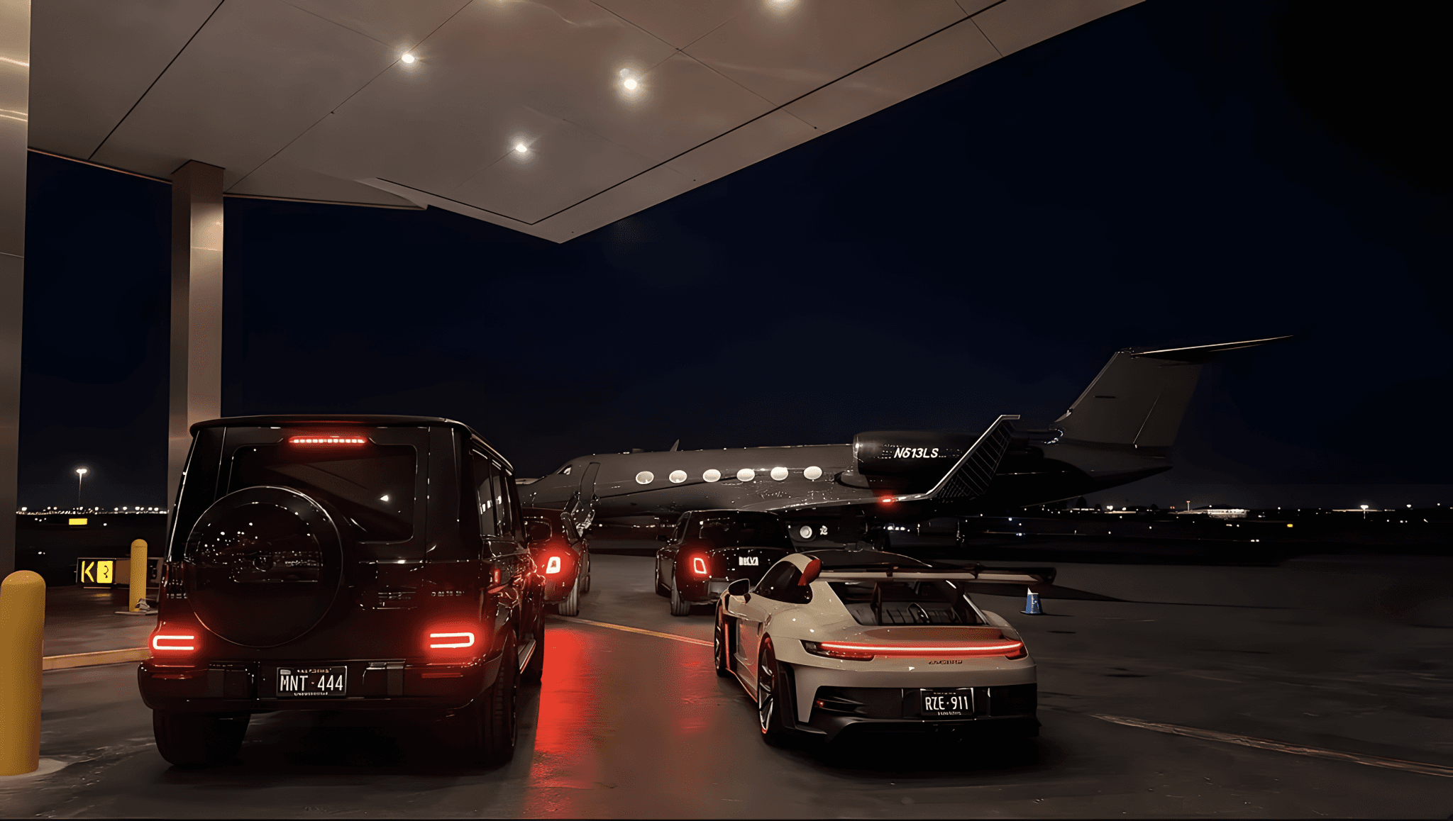 Avion privé et voitures de luxe sur le tarmac de nuit